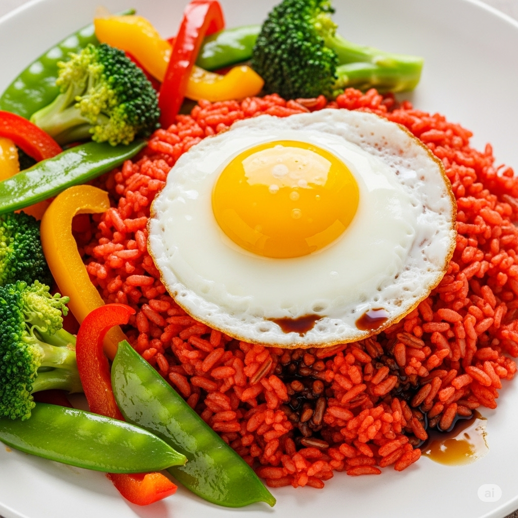 Nasi Merah + Telur Mata Sapi + Tumis Sayur
