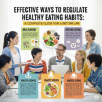 Orang-orang duduk bersama di meja makan, membahas cara efektif mengatur kebiasaan makan sehat dengan poster edukatif.