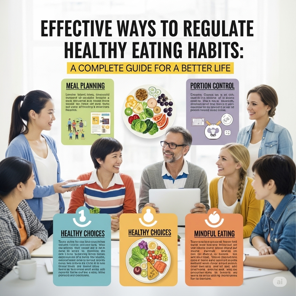 Orang-orang duduk bersama di meja makan, membahas cara efektif mengatur kebiasaan makan sehat dengan poster edukatif.